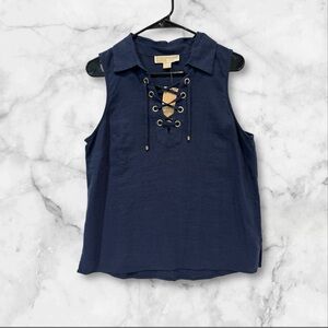 Michael Kors women’s navy blue sleeveless lace up top size small collared linen